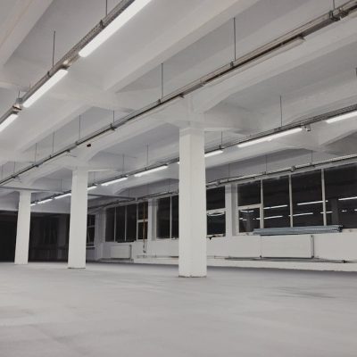 Low angle shot of an industrial hall with led lamps